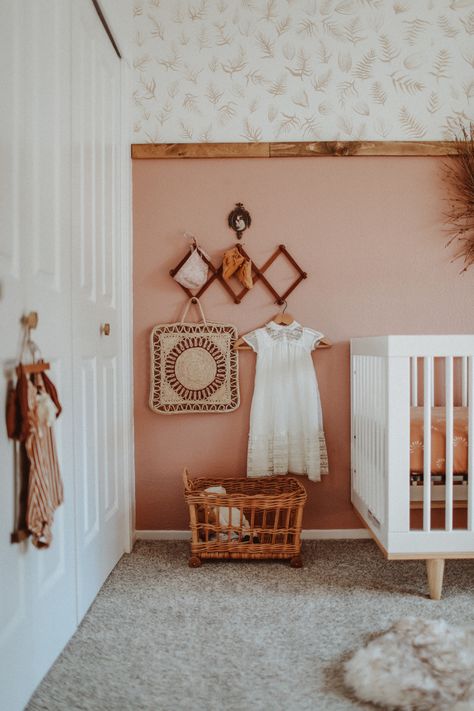 Retro pink- by Behr paint, with handpainted fauna by @ladycascades Behr Retro Pink Paint, Retro Pink Nursery, Behr Retro Pink Bedroom, Pink And Wood Nursery, Retro Pink Behr Paint, Boho Pink Paint Colors, Behr Retro Pink, Boho Nursery Paint Colors, Nursery Rust Color