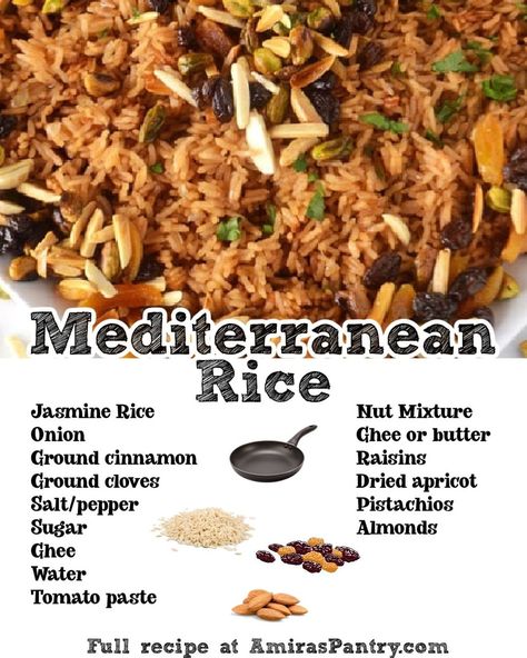 ⭐Learn how to make Mediterranean Rice... - AmirasPantry.com Mediterranean Rice Recipe, Mediterranean Rice, Nuts And Dried Fruit, Mediterranean Recipes Healthy, Rice Pilaf, Cinnamon Raisin, Jasmine Rice, Dried Apricots, Recipe Notes