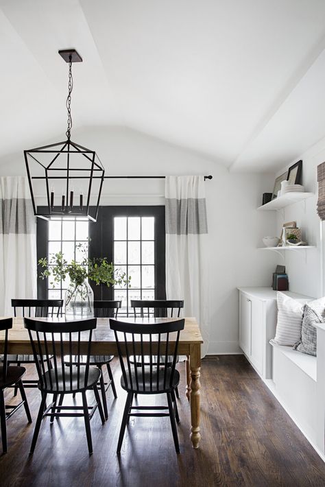 Black And White Dining Room, Built In Window Seat, Modern Farmhouse Dining Room, Windsor Chairs, Farmhouse Style Table, Modern Farmhouse Dining, White Dining Room, Room White, Iron Ore