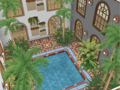 I created this pool and plant space in ths centre of the mansion #simsfreeplay #mansion Sims Freeplay Mansion, Sims Freeplay Penthouse, Plant Space, Interior Courtyard, The Sims Freeplay, Sims Freeplay Houses, Sims Houses, Sims Free Play, Mansion Designs