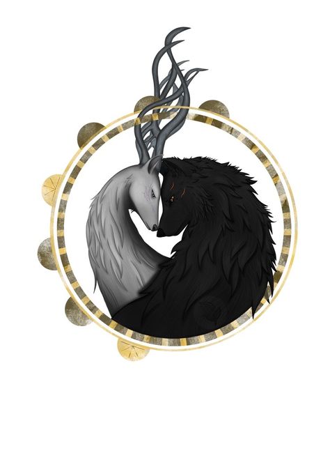 A white deer with long antlers is sadly embracing a black wolf. The Dread Wolf, Dragon Age Solas, Dragon Age 4, Dread Wolf, Da Inquisition, Solas Dragon Age, Dragon Age Series, Raven Tattoo, Dragon Age Inquisition