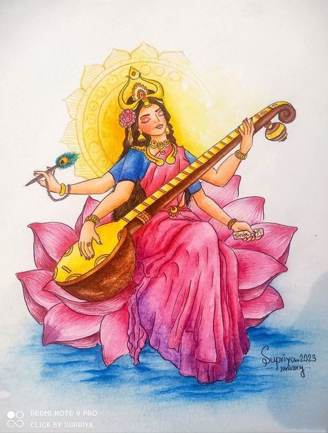 Saraswati Painting Easy For Kids, Indian Culture Drawing Ideas, Saraswati Goddess Paintings Easy, Saraswati Goddess Paintings Sketch, Saraswati Goddess Drawing, Saraswati Goddess Art, Bharat Mata Drawing, Swachh Bharat Abhiyan Drawing, Goddess Saraswati Painting