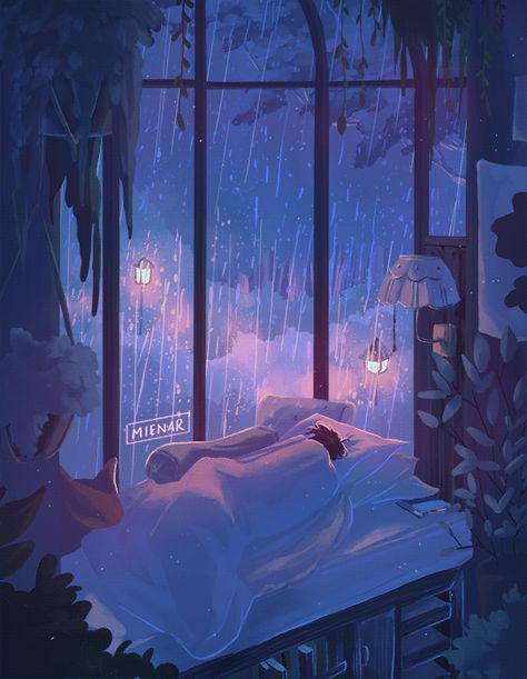 The Rain, At Night, Umbrella, Gif, Bed