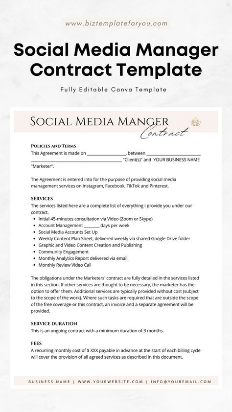 Navigate the dynamic world of social media management with confidence using our collection of editable contract templates. Establish clear expectations, safeguard your business relationships, and drive growth. Elevate your professionalism today! social media manager | social media manager checklist | social media manager website | social media manager packages | social media manager business card | social media manager contract | social media manager contract template Social Media Checklist For Business, Social Media Manager Mood Board, Social Media Marketing Contract, Social Media Manager Onboarding Template, Social Media Manager Contract Template, Social Media Management Contract, Content Creation Packages, Social Media Manager Services, Social Media Management Tips