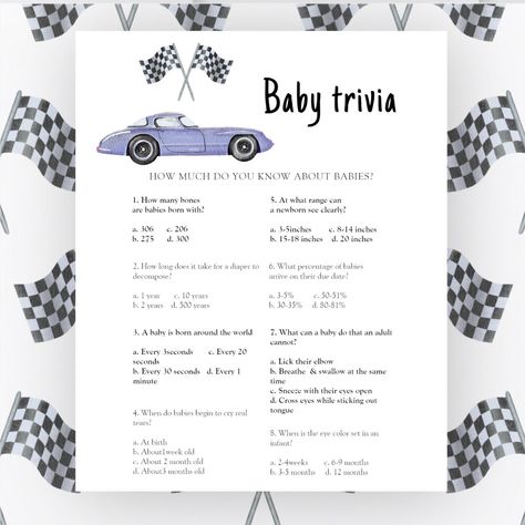 Race car baby shower Baby Trivia Game Nascar Baby Shower Ideas, Race Car Baby Shower Theme, Vintage Car Baby Shower Theme, Cars Baby Shower Theme, Race Car Baby Shower Ideas, Baby Trivia Game, Baby Trivia, Race Flag, Violet Vintage