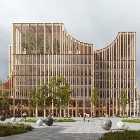 Municipal Building, Mass Timber, Urban Living Room, Beam Structure, Wood Facade, Wooden Facade, Timber Architecture, Architecture Company, Architectural Rendering