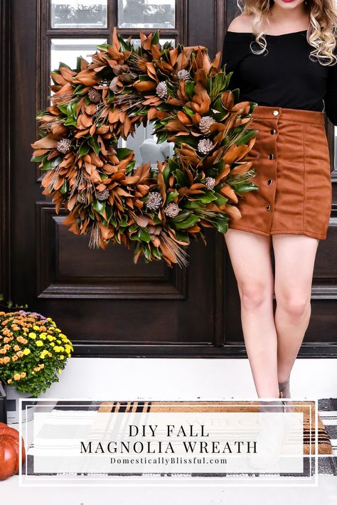 This DIY Fall Magnolia Wreath is perfect for autumn because it changes colors with the season. Fall Magnolia Wreaths For Front Door, Magnolia Leaf Decor, Fall Magnolia Wreath, Autumn Wreaths For Front Door Diy, Fall Wreaths For Front Door Autumn, Pennsylvania Farmhouse, Diy Magnolia Wreath, Fall Wreath Tutorial, Magnolia Leaf Wreath