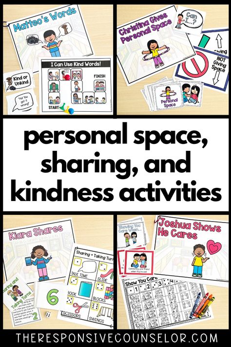 Teach your kindergarten and first grade students personal space, showing you care, using kind words, and sharing with this social emotional learning bundle! These are research-based social emotional lessons and activities, and the activities are developmentally appropriate for your kindergarten and first graders! Some of the activities included are: short stories, movement-based activities, circle questions, coloring pages, and more! Team Building Activities Kindergarten, Kindergarten Sel Activities, Personal Space Activities, Circle Questions, Healthy Habits For Kids, Sel Activities, Learning Lessons, Kindness Activities, Guidance Lessons