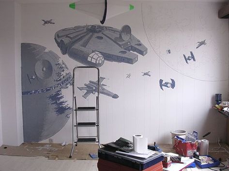 Star Wars Wall Mural Diy, Starwars Mural, Unique Wall Painting Ideas, Star Wars Baby Room, Star Wars Wall Mural, Star Wars Mural, Star Wars Kids Room, Star Wars Boys Room, Star Wars Wall