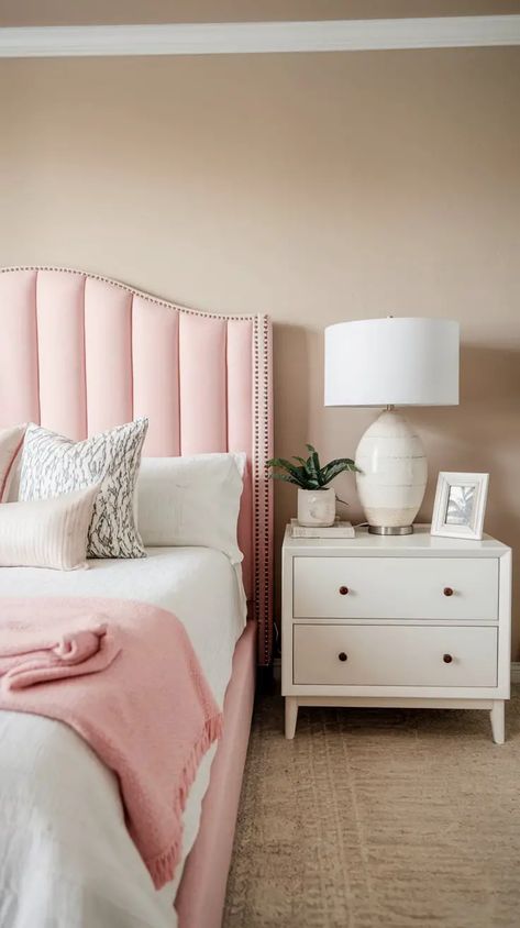 25 Refreshing Pink Bedroom Ideas to Transform Your Home - SheBonny Pink Headboard Bedroom, Pink Girls Bedroom, Dusty Pink Bedroom, Pink Nightstands, Pink Headboard, Headboard Bedroom, Pink Throw Blanket, Pink Bed, Pink Bedroom Ideas