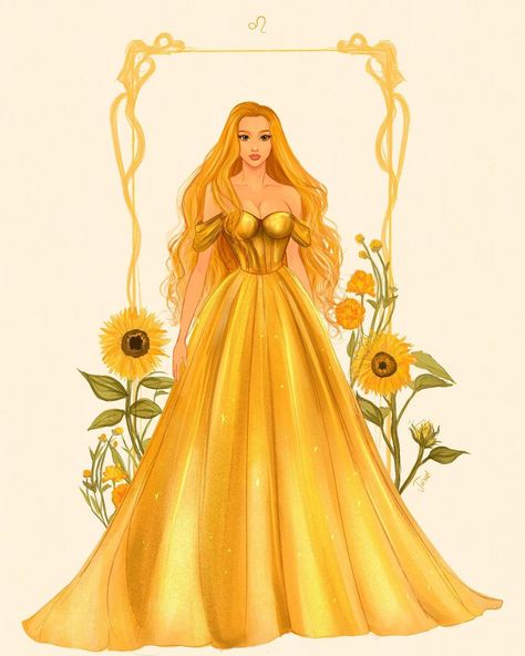 jonuel on Instagram: “Happy Leo Season ✨☀️♌️ The sun goddess. Here’s Leo taking part of my zodiac illustration series ✨ Don’t know if you remember her but I did…” Art Nouveau Disney, Zodiac Illustration, Illustration Series, Queen Dresses, Sun Goddess, All Disney Princesses, Leo Season, Golden Dress, Fashion Drawing Dresses