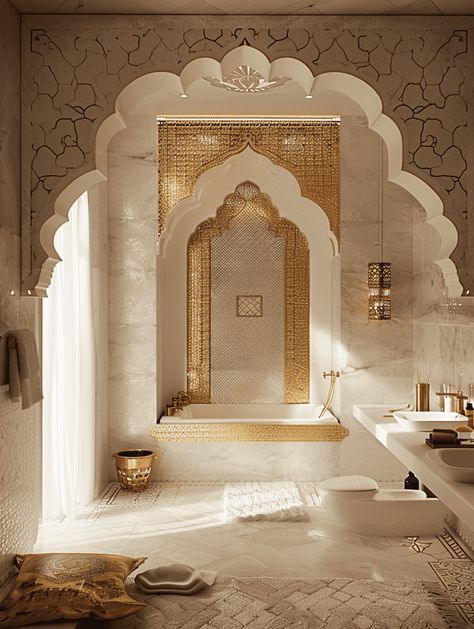 Moroccan Themed Bathrooms: Elegant Tile and Accessories Modern Moroccan Bathroom, Moroccan Bathroom Ideas, Islamic Palace, Modern Moroccan Interior Design, Morrocan Home, Ottoman Interior, Moroccan Style Bathroom, Moroccan Inspired Bathroom, Royal Interior