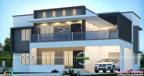 2600 square feet 4 bedroom flat roof house plan design by Dream Form from Kerala. 2600 Sq Ft House Plans, Lovely Houses, Modern Glass House, House Plan Design, Modern Bungalow House Design, Kerala Home, Two Story House Design, Flat Roof House, Roof House