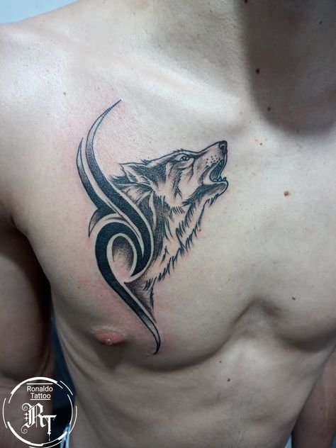 Tattoo Chest Ideas For Men, Wolf Chest Tattoo Men, Wolf Warrior Tattoo, Dj Tattoo, Collar Bone Tattoo For Men, Indian Feather Tattoos, Rare Tattoos, Chest Ideas, Cool Wrist Tattoos