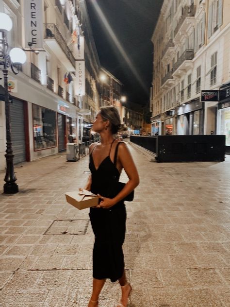 A summer night in the mid of July in Nice, France. Walking in a black slip dress after finishing dinner. Black Slip Dress Aesthetic, Nice France Outfits, Slip Dress Aesthetic, Europe Outfits Summer, France Night, Traveling In Europe, France Outfits, Mid July, Europe Outfits