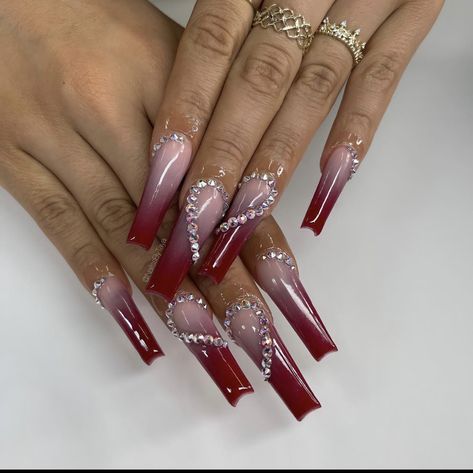 Maroon Coffin Nail Ideas, Burgundy Long Acrylic Nails, Burgundy Nail Inspo Acrylic, Burgundy Acrylic Nails With Rhinestones, Burgundy With Silver Nails, Burgundy And Silver Nail Ideas, Burgundy And Silver Nails Acrylic, Burgundy Ombre Nails Acrylic, Maroon Long Acrylic Nails