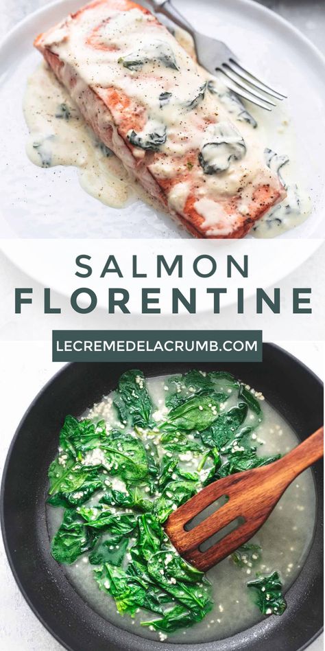 Salmon Florentine is a fresh new take on the typical florentine dish, and comes together in just 30 minutes. Chock full of spinach, garlic, and mild spices, and topped off with a creamy, buttery, delicious cream sauce. | lecremedelacrumb.com #salmon #fishmeals #healthy #30minutemeal #delicious #maindish #seafood Salmon Florentine Recipe, Salmon Florentine, Salmon With Spinach, Spinach Cream Sauce, Creamy Spinach Sauce, Refried Beans Recipe, Seafood Entrees, Healthy Recipes Clean, Healthy Salmon Recipes