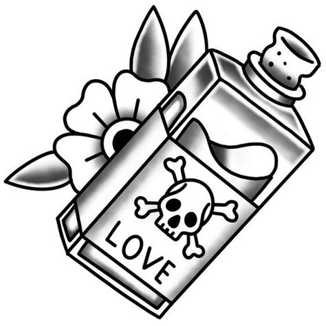 American Traditional Poison Bottle, Love Potion Tattoo Traditional, Love Is Poison Drawing, Love Poison Tattoo, Love Potion Tattoo Bottle, Poison Bottle Tattoo Design, Danger Tattoo, Tattoo Design Drawings Unique, Love Potion Tattoo