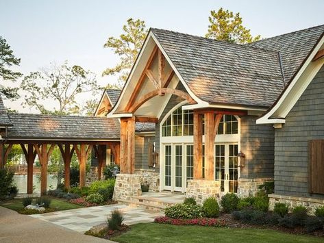 Cedar-Shake and Stone Country Home on Lake Martin - Alexander City, Alabama Mountain Homes Exterior, Cedar Shake House, Dream Lake House, Lake Front House Plans, Exterior Siding Options, Cedar Shake Siding, Mountain Home Exterior, Cedar Shake, Lush Landscape