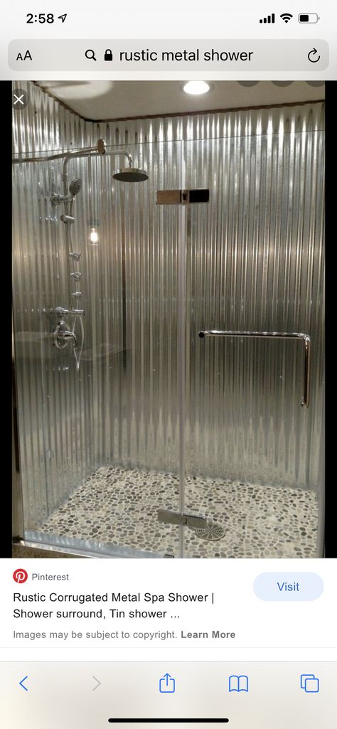 Metal Shower Walls Corrugated Tin, Metal Shower Walls, Tin Shower Walls, Corrugated Metal Shower, Galvanized Shower, Tin Shower, Corrugated Tin, Bathroom Farmhouse, Tub Time