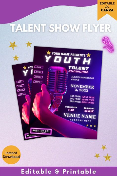 Talent Show, Show Flyer, Talent Show Poster, Editable Template, Letter Size Flyer, Show, Premade Design, Talent Contest, Talent Show FLyer Talent Show Poster, Talent Show Flyer, Show Flyer, Talent Contest, Talent Show, Gospel Music, Editable Template, Letter Size, Graphic Design