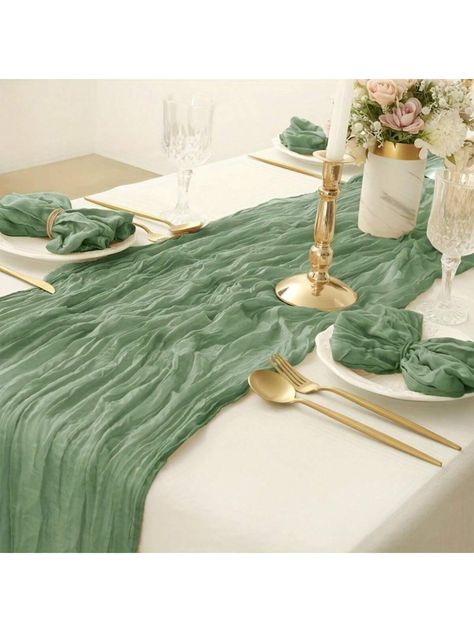 Green Glamorous Collar  Polyester   Embellished   Wedding & Event Gold And Green Wedding Table, Cream Wedding Theme, Gauze Table Runner, Green Bridal Showers, Tablecloth Wedding, Bridal Shower Decoration, Green Table Runner, Boho Table Runner, Party Reception