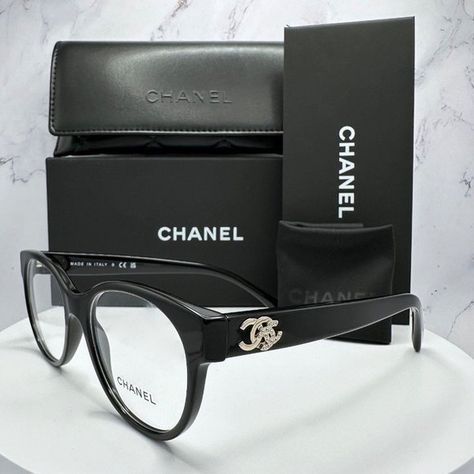 Chanel Glasses Frames Black Acetate Gold Metal CC Logo Crystals Rx-able Case New Chanel Eyeglasses, Chanel Glasses, Gold Crystals, Logo Unique, Chanel Box, Chanel Accessories, Cc Logo, Glasses Frames, Gold Metal