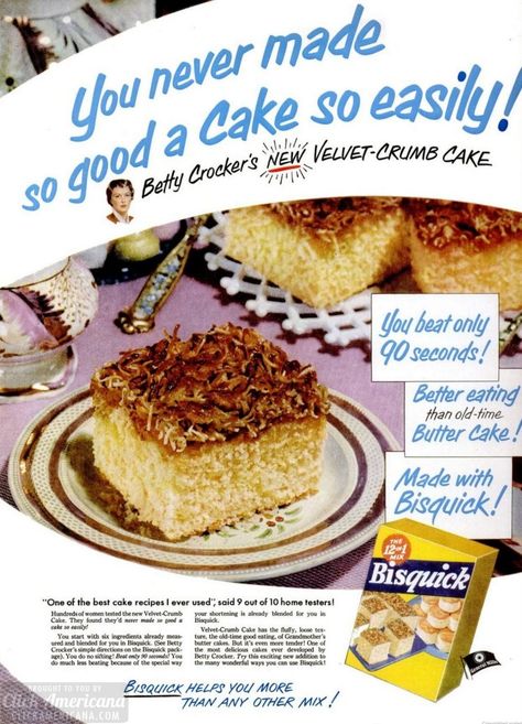 Vintage velvet crumb cake: A classic coffee cake recipe from 1952 - #vintage #classicrecipes #coffeecake #cakes #cakerecipe #bisquick #cakerecipe #classiccakes #vintagecakes #retrocake #fifties #1950s #1952 #breakfast #brunch #clickamericana Bisquick Velvet Crumb Cake Recipe, Velvet Crumb Cake, Classic Coffee Cake, Ic Recipes, Crumb Coffee Cakes, Retro Desserts, Crumb Cake Recipe, Betty Crocker Recipes, Coffee Cake Recipe