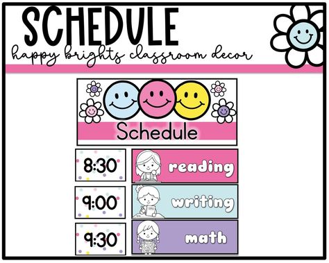 This happy, brights classroom schedule template is perfect for your retro, daisy, smiley face inspired classroom decor! The printables can be edited in PowerPoint with fonts embedded. It includes a schedule with pictures for primary classrooms and without them for middle school and high school. There are 40 pre-made cards that are ready to print. It includes a header and clocks/time boxes. Classroom Schedule Template, Smiley Face Classroom, Brights Classroom Decor, Daisy Smiley Face, Butterflies Classroom, Language Arts Centers, Classroom Schedule, Growth Mindset Posters, Schedule Cards