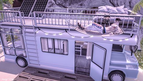 Bloxburg Caravan Build, Camper Van Bloxburg, Bloxburg Van House, Sims 4 Van Life, Sims 4 Bus Stop Cc, Bloxburg Rv Build, Bloxburg Camper Van, Bloxburg Caravan, Camper Van Exterior