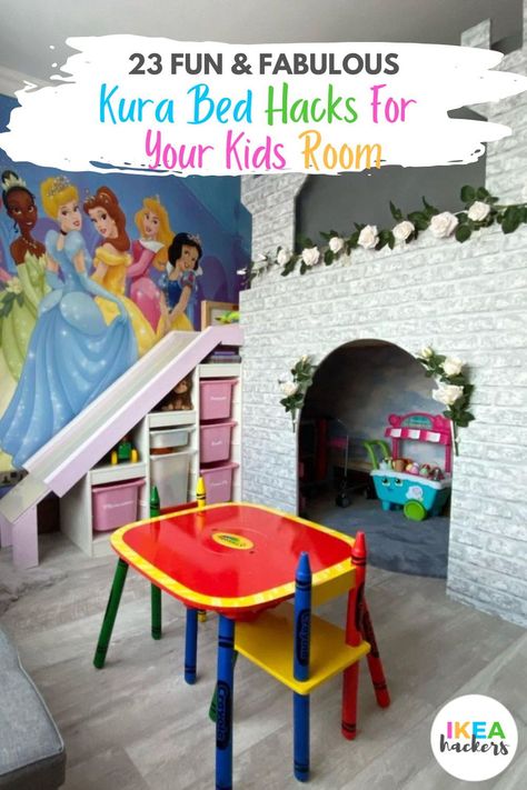 Kura bed hacks that make you want to be a kid again!The KURA bed is one of the best thing you can get for your kid’s room. The reversible bed frame is practically bare bones which you can dress up or down as you wish. 23 fun & fabulous KURA bed hacks for your kids room. Follow us for more easy Ikea hacks and DIY home decor projects. Ikea Kallax Loft Bed Hack, Slide Bedroom, Bed Hacks, Kura Bed Hack, Easy Ikea Hacks, Ikea Hack Kids, Easy Diy Home Projects, Ikea Kids Room, Ikea Kura Bed