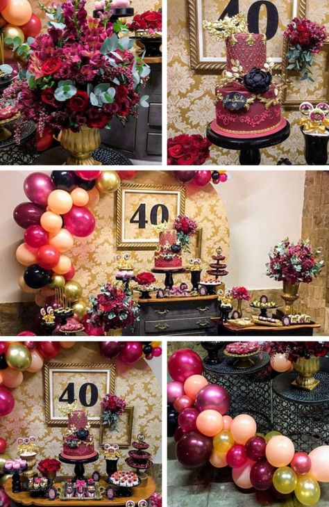 by Pequenos Luxos Ruby Jubilee 40th Birthday Party, Burgundy Birthday Decorations, 15th Birthday Ideas, Jubilee Ideas, Birthday Tablescape, Ruby Jubilee, Blue Cloth Napkins, 40th Birthday Balloons, 68 Birthday