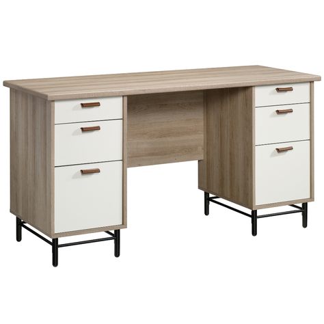 Sauder White & Natural Anda Norr Executive Desk & Reviews | Temple & Webster Cheap Office Furniture, Leather Drawer Pulls, Wood Computer Desk, Office Supply Organization, Retro Furniture, Executive Desk, Office Furniture Desk, Furniture Styles, Small Storage