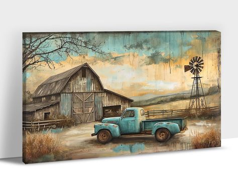 PRICES MAY VARY. 👏Farmhouse Truck Wall Decor Size - This Retro Farmhouse Truck canvas wall art measures 28x40 inches, Please measure the wall to choose the right canvas size before purchasing! Shop our wide selection of canvas wall art by color, size, or style, adding an amazing and distinctive effect to your home decoration. We consistently keep our canvas paintings with a stylish look! Bring art into your life! 🏡Say Goodbye to Boring Room: Every American family has nostalgic memories of the Painting A House On Canvas, Primitive Art Painting, Old Farm Paintings, Barn Paintings On Canvas, Autumn Posters, Farm Scene Painting, Truck Drawings, Rustic Farmhouse Wall Decor, Corrugated Metal Wall