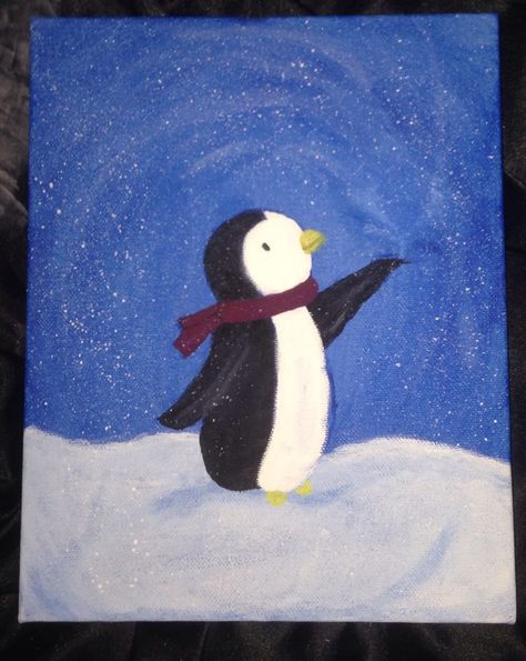 Acrylic on canvas, penguin painting. Second attempt on blending colors Trendy Painting Ideas, Penguin Painting, Painting Ideas On Canvas Easy, Christmas Paintings On Canvas, Penguin Art, Simple Canvas Paintings, Kids Canvas, Easy Canvas Painting, Painting Ideas On Canvas