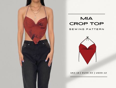 "Digital PDF Sewing Pattern -- MIA Backless Bandana Triangle Hem Top, Size UK4-18 DIY your own y2k crop top using this easy sewing pattern. Beginner-friendly! Detailed written instructions and illustrations included. 🍒 Difficulty Level: BEGINNER FRIENDLY 🍒 Your purchase includes: - Sewing Pattern with three printable formats: A4, US Letter, A0 - Written Instructions & Illustrations *This product is a digital product. PDF files containing the sewing pattern and written instructions will be made Bandana Top Sewing, Bandana Top Pattern, Top Pattern Sewing, Tank Top Sewing Pattern, Crop Top Sewing Pattern, Pattern Y2k, Bauchfreies Top, Bandana Top, Creative Clothing