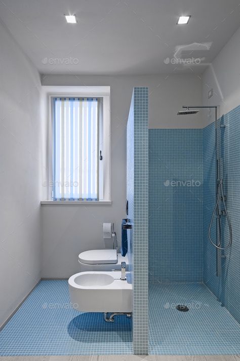 interiors shots of a modern bathroom with walls and floor coated of blue mosaic tile , in the foreground the masonry shower cubicle, the bidet and the toilet bowl House Bathroom Designs, Toilet And Bathroom Design, Bilik Air, Bathroom Design Layout, Washroom Design, Bad Inspiration, Image Bank, Toilet Design, Bathroom Design Decor