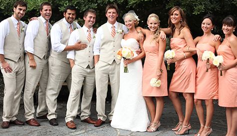 some of the exact colors I was thinking too. Don't even really want the boys in tuxes.. just nice khakis, and a hawaiian shirt to match the girls' dresses. Peach Bridesmaid, Savannah Wedding, Bridal Musings, Future Mrs, Peach Wedding, Groomsmen Attire, Bridesmaids And Groomsmen, Blue Peach, Southern Wedding