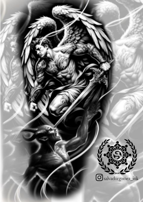 Angel And Demon Tattoo Design, Angel Vs Demon Tattoo Design, Heaven Vs Hell Tattoo Sleeve, Angel And Demon Tattoo, Angel Vs Demon, Religious Tattoo Design, Angel Demon Tattoo, Angel Tattoo Arm, Jesus Tattoo Sleeve