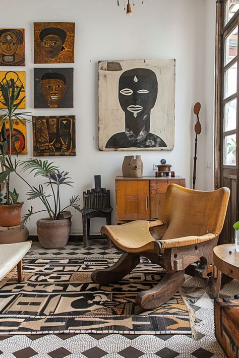 African American Home Decor Living Rooms, African Fabric Home Decor, Neo Afro Eclectic Decor, African Inspired Office, Afro Futurism Decor, African Contemporary Decor, African Interior Decor, Afrohemian Decor Bedroom, Afro Bohemian Decor