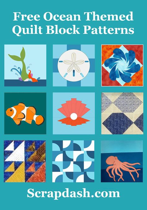 It's time for #QuiltBlockMania! Here are 17 different quilt block tutorials with an ocean theme. It's the June Block of the Month! For more like this, search #scrapdash Ocean Theme Quilts Under The Sea, Beach Quilt Blocks Free Pattern, Ocean Quilt Patterns Free, Beach Quilt Blocks, Ocean Themed Quilts, Fish Quilt Patterns Free, Ocean Quilt Pattern, Fish Quilt Block, Mountain Quilt Block