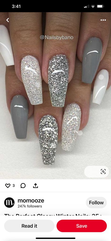 White Glitter Nails, Gray Nails, White Nail Designs, Sparkle Nails, Homecoming Nails, New Year's Nails, Prom Nails, Glitter Nail Art, Coffin Nails Designs