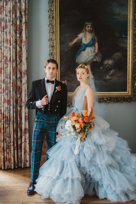 a romantic + voluminous blue tulle wedding gown and a tartan trouser groom look for a wedding shoot at a English country estate Colorful Bride And Groom, Blue Autumn Wedding, Maximalist Wedding Dress, Blue And Beige Wedding, Blue Wedding Aesthetic, Wedding Blue Dress, Blue Bridal Gown, Tartan Wedding Dress, December Wedding Colors