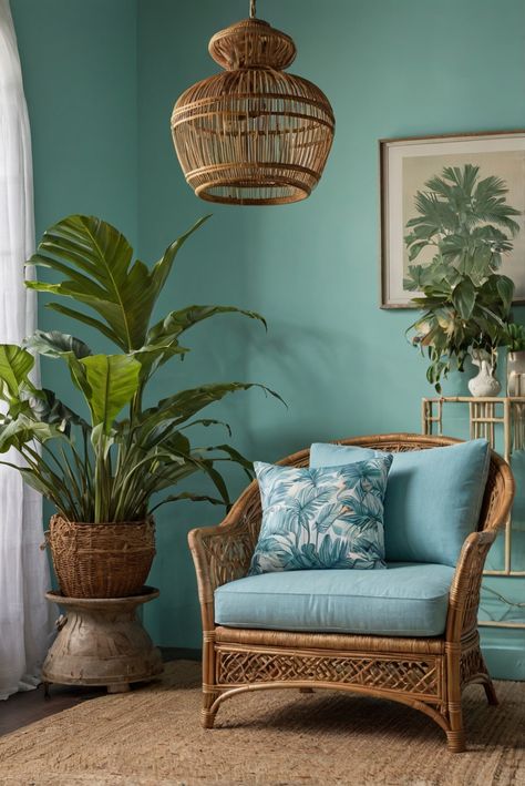 Tropical Paradise: Benjamin Moores Palladian Blue for Island Vibes - HOME CABINET EXPERT Barbados Interior Design, Caribbean Style Homes Interior Design, Tropical Home Color Palette, Cuba Interior Design, British Colonial Paint Colors, Tropical Colonial Interior, Tropical Office Design, Tropical Paint Colors, Carribean Decor