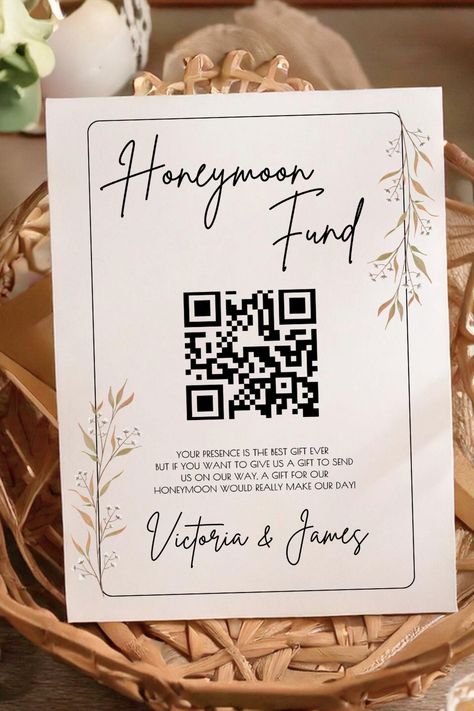 Looking for an elegant and modern way to display your Honeymoon Fund QR code? This floral honeymoon fund sign template is perfect for diy wedding brides who want a boho, modern and elegant look. Easily customize the design with your own text and colors.  Black and white wedding scheme  This minimalist honeymoon fund card is a perfect choice for a modern, elegant wedding.  Visit my Etsy shop for more wedding stationery to match this design. Wedding Fund Qr Code, Wedding Fund Jar Ideas, Honeymoon Fund Box Ideas, Honeymoon Jar, Honeymoon Fund Sign, Wedding Games For Kids, Wedding Coloring Pages, Modern Elegant Wedding, Wedding Fund