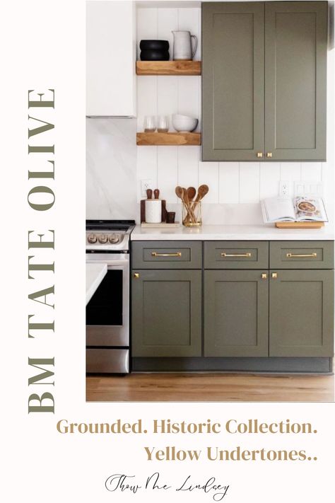 Part of Benjamin Moore's Historic Collection, Tate Olive is a deep, rich color with beauiful yellow undertones for those that love a more grounded color in their space! Dark Olive Benjamin Moore Kitchen Cabinets, Olive Green Cabinet Colors, Tate Olive Benjamin Moore Kitchens, Benjamin Moore Tate Olive Cabinets, Bm Dark Olive Cabinets, Aegean Olive Benjamin Moore, Dark Olive Benjamin Moore Cabinets, Oil Cloth Benjamin Moore Cabinets, Neutral Green Kitchen