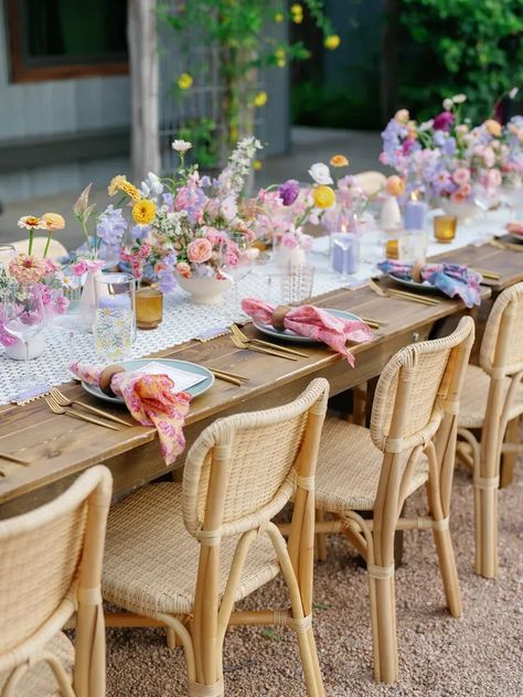 Long Table With Low Pastel Floral Centerpieces in Lavender, Blush and Yellow Spring Wedding Long Table Decor, Pastel Garden Party Decoration, Light Purple And Yellow Wedding, Pastel Table Centerpieces, Pastel Wedding Tablescape, Long Table Setting Wedding, Pastel Engagement Party, Pastel Table Setting Wedding, Pastel Wedding Table Decorations