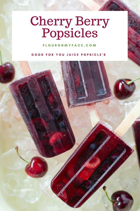 Cherry Berry Popsicle Recipe via @FlourOnMyFace Homemade Ice Pops Recipes, Boozy Ice Pops, Fruit Popsicle Recipes, Fruit Ice Pops, Homemade Fruit Popsicles, Cherry Popsicles, Berry Popsicles, Homemade Ice Pops, Healthy Popsicle Recipes