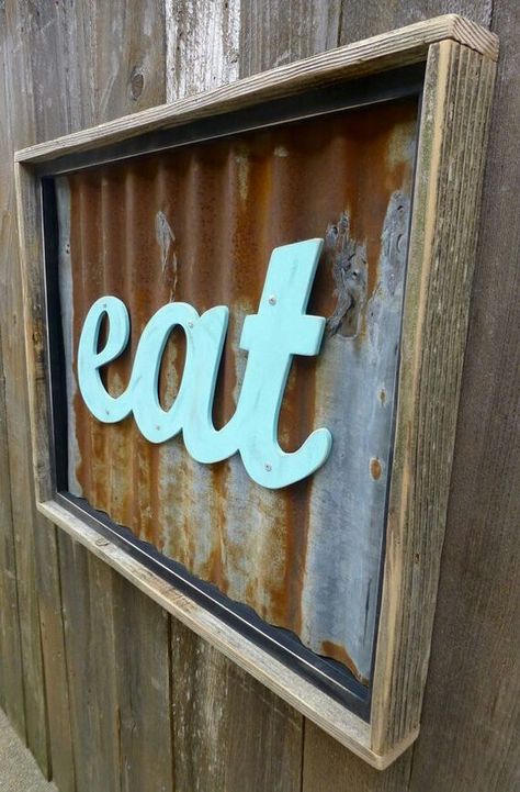 corrugated metal and turquoise sign #LGLimitlessDesign   #Contest Corrugated Metal Decor, Metal Decor Ideas, Barn Tin, Eat Sign, Corrugated Tin, Rustic Coastal, Metal Tree Wall Art, Corrugated Metal, Lodge Decor