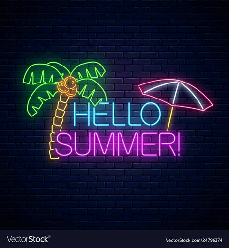 Neon summer poster with lettering palm tree and Vector Image Poster Lettering, Logo Online Shop, Palm Tree Vector, Neon Summer, Neon Signs Quotes, Neon Words, Summer Banner, Summer Poster, Neon Logo